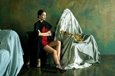 Beauty Rich Brunette Woman In Luxury Interior Near Empty Frames, Royalty Free Stock Image
