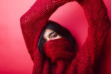 Young Pretty Indian Mulatto Girl In Red Sweater Posing Emotional Stock Images