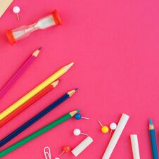 School And Office Supplies On Pink Background, Top View. Back Stock Images