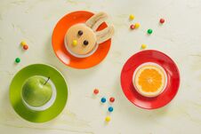 Funny Bunny Pancakes With Fruits For Easter Kids Breakfast Stock Photography