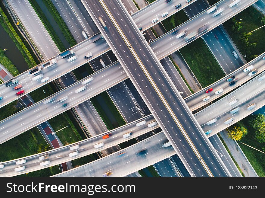 Intersection city cross road with car movement aerial view