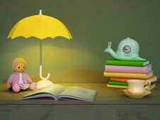 Children`s Toy, Books, Clock, The Lamp Are Located On A Table. Stock Images