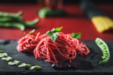 Red Spaghetti With Beetroot And Green Beans Royalty Free Stock Photo Red Spaghetti With Beetroot And Green Beans Royalty Free Stock Photo
