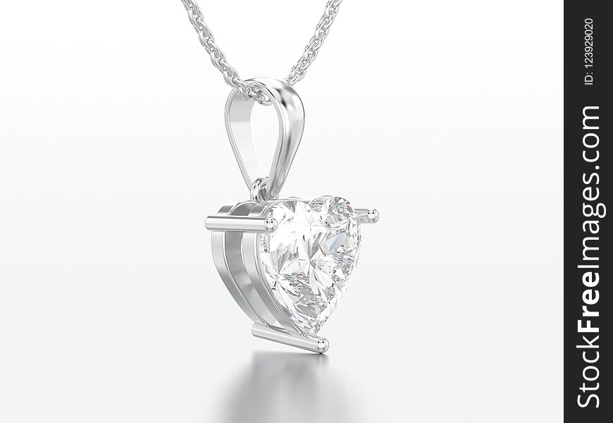 3D illustration white gold or silver big heart diamond necklace