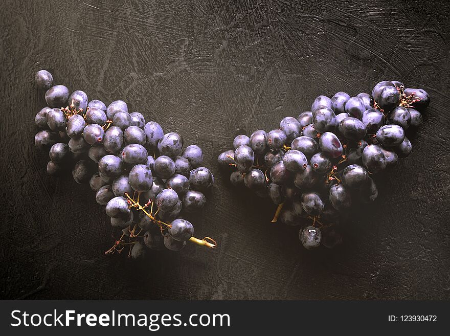 Fresh ripe Bunches of black Grapes berries on kitchen table Concept of cooking jam compote winemaking autumn homemade harvest of agriculture top view with copy space.