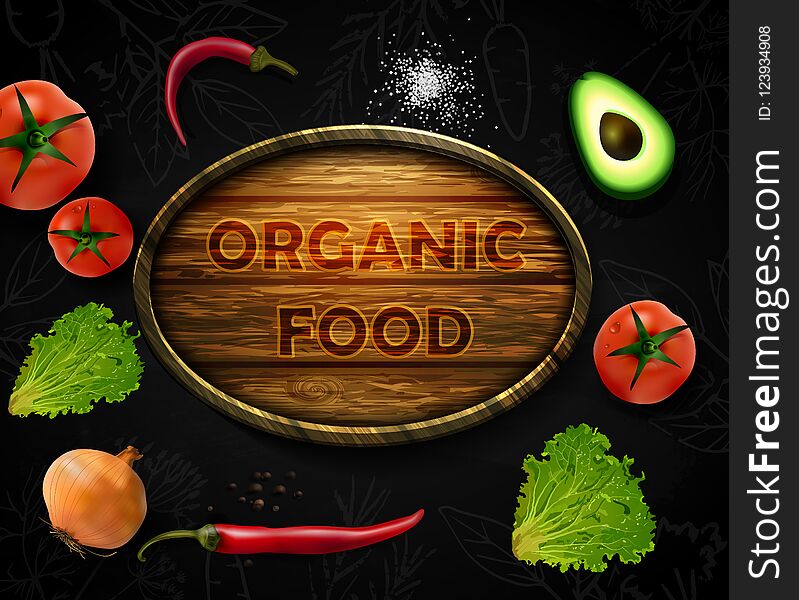 Realistic vector Vegetables with concept logo for Organic Shop on black background