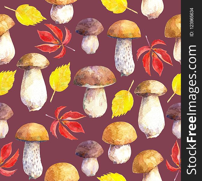 Seamless Pattern With Mushrooms And Leaves On Maroon Background.