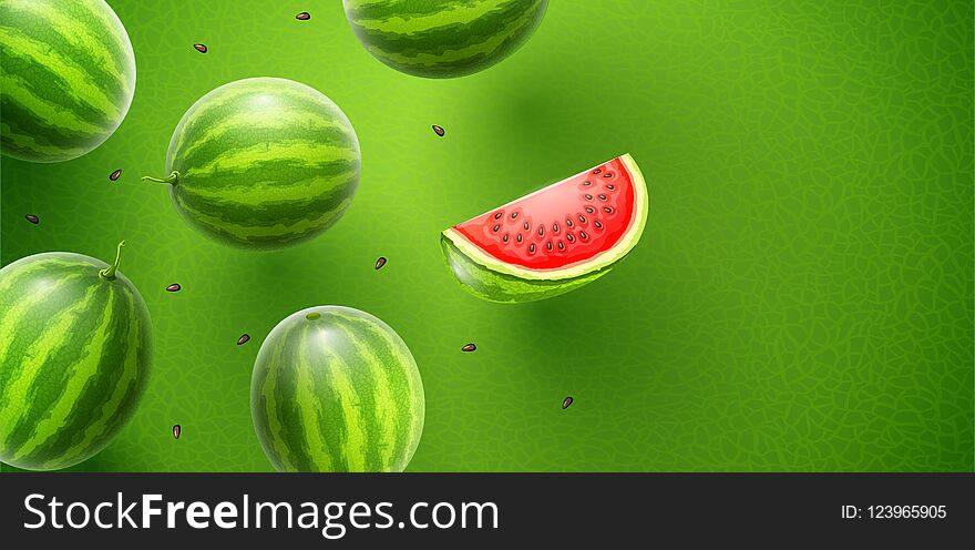 Watermelon flavour poster banner design with pattern and copyspace. Whole fresh ripe sweet fruit with sliced juicy piece of cut. Watermelons realistic fruits, flying and falling. EPS10 vector illustration. Watermelon flavour poster banner design with pattern and copyspace. Whole fresh ripe sweet fruit with sliced juicy piece of cut. Watermelons realistic fruits, flying and falling. EPS10 vector illustration.