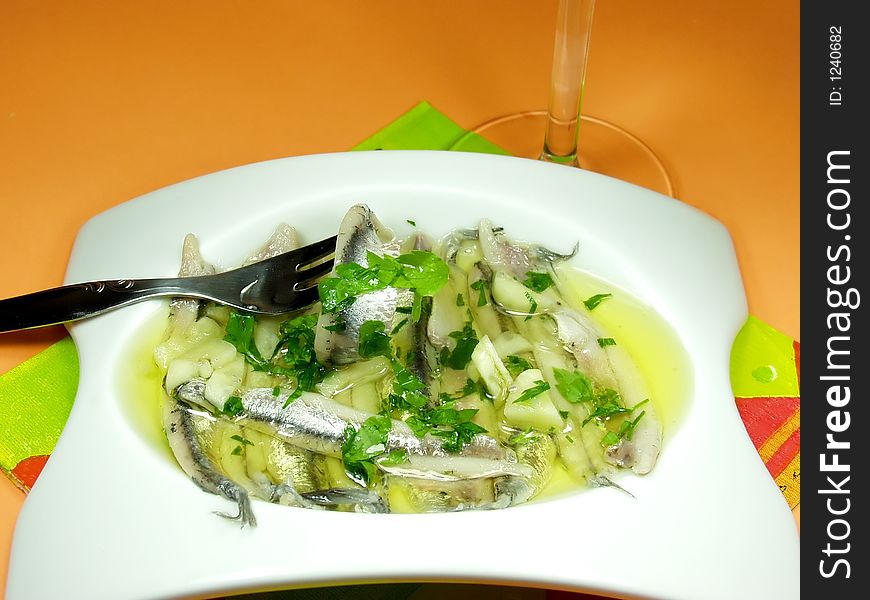 Spanish tapa: anchovy whit olive oil and vinegar. Spanish tapa: anchovy whit olive oil and vinegar