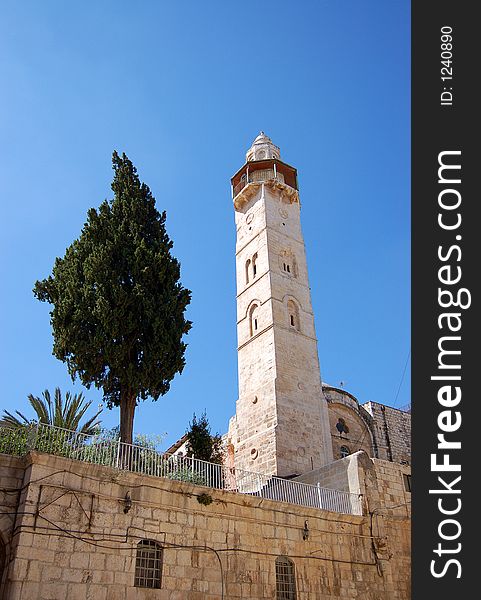 A stone tower pictured near the church of the tomb, Jerusalem. A stone tower pictured near the church of the tomb, Jerusalem.
