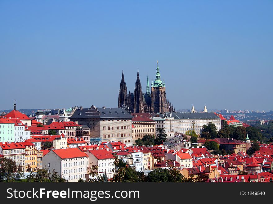 Overview of the Prague Castle with St. Vitus cathedral taken from the Petrin hill. Overview of the Prague Castle with St. Vitus cathedral taken from the Petrin hill