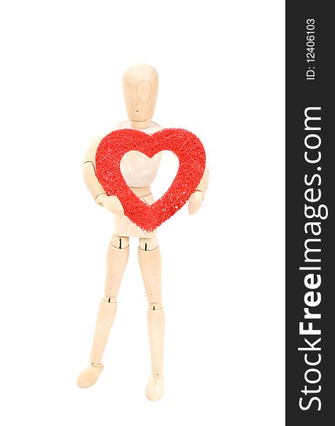 Wood man with heart on white background