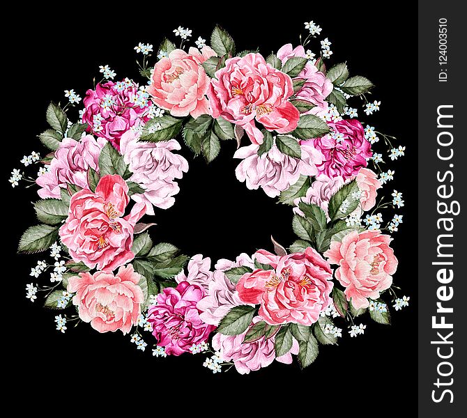 Watercolor wedding wreath with peony flowers. Illustration