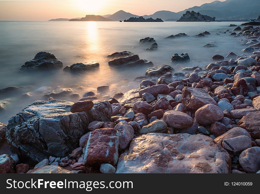 Sveti Stefan Bay at sunset, Montenegro