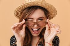 Image Of Summer Pretty Woman 20s Wearing Straw Hat Touching Sung Royalty Free Stock Photo