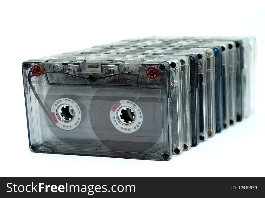 Old tape audio cassettes in a row