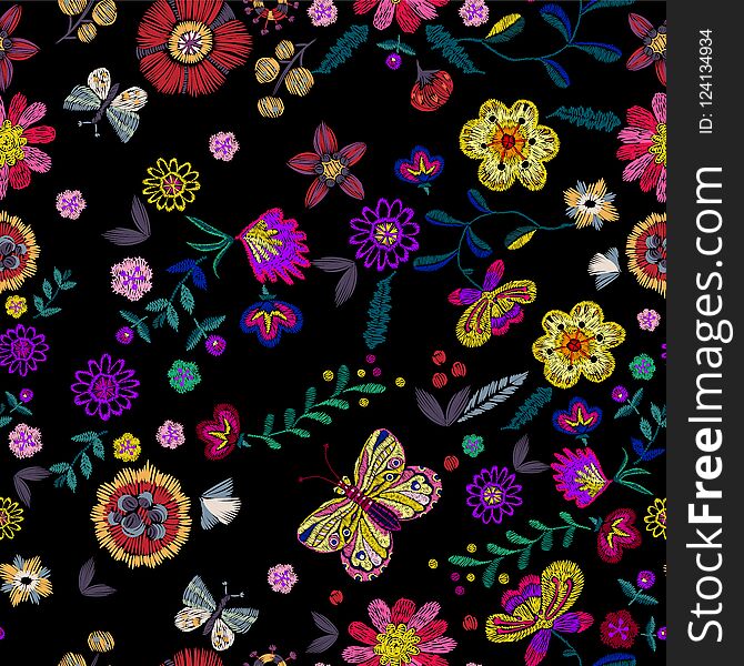 Embroidery seamless pattern with ethnic flowers and butterfly. Vector embroidered floral patch for print and fabric design.
