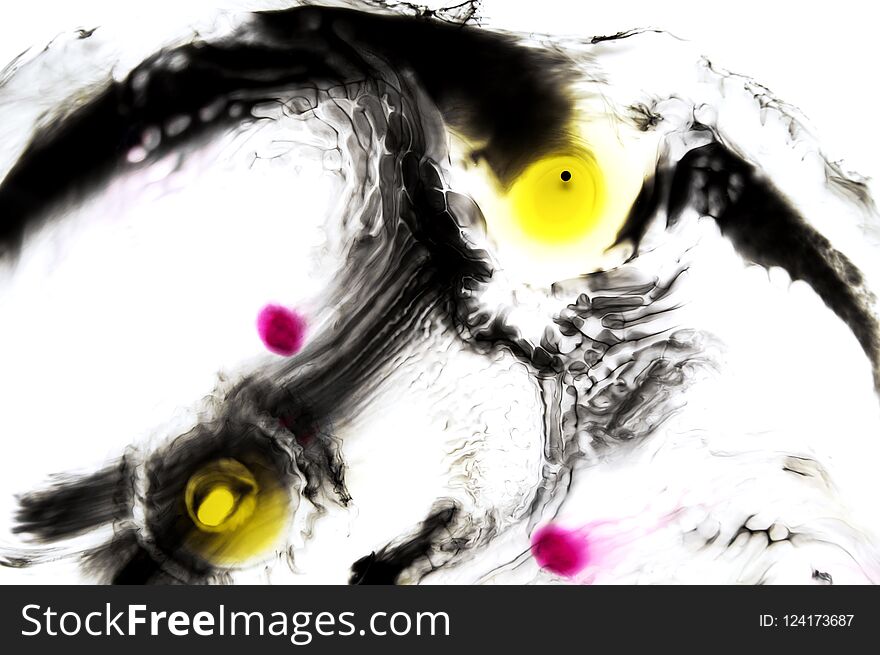 Abstract ink background. Moving liquid paint in water. Black thin circle with yellow and pink dots