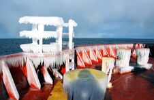 Ice Of The Ship And Ship Structures After Swimming In Frosty Weather During A Storm In The Pacific Ocean. Royalty Free Stock Photos