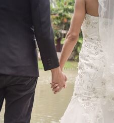 Back View Of Bride In White Dress And Groom In Suit Holding Hands Earnestly Wedding Theme Stock Photo Back View Of Bride In White Dress And Groom In Suit Holding Hands Earnestly Wedding Theme Stock Photo