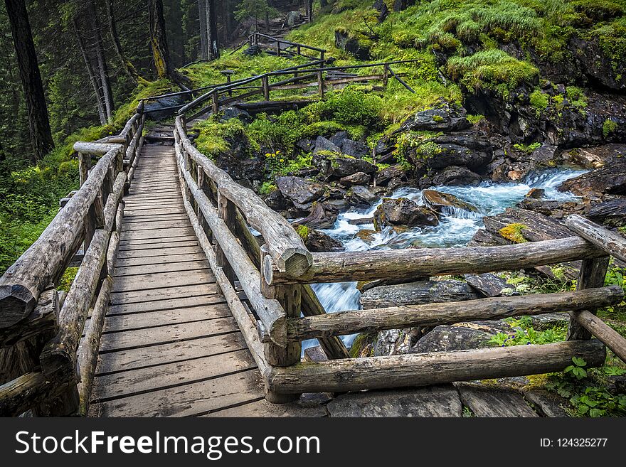 Wood bridge at saent waterfall trentino alto adige italy. Wood bridge at saent waterfall trentino alto adige italy