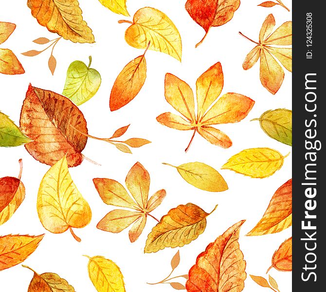 Seamless pattern with autumn leaves drawing by watercolor, hand drawn elements. Template for DIY projects, wedding