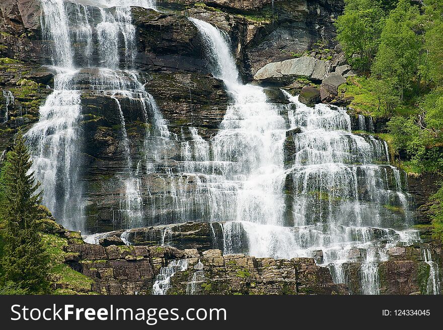 Tvindefossen Waterfall With 150 Meters Drop, The Tourist Attraction 12 Km North Of Voss, Norway.