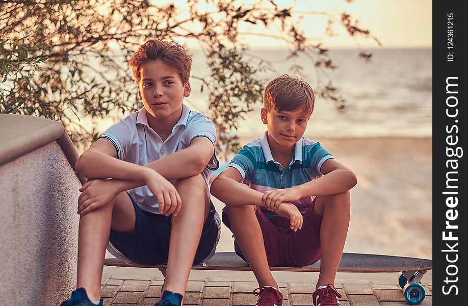 Portrait of two little brothers sitting together on a skateboard against the background of the seacoast at a sunset.