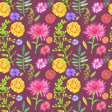 Bright Floral Seamless Pattern On Dark Brown-red Background. Royalty Free Stock Photos
