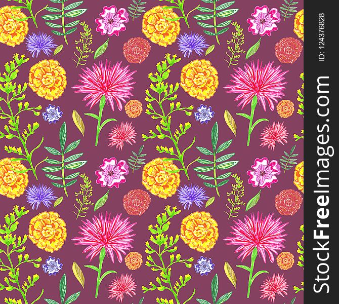 Bright floral seamless pattern on dark brown-red background.