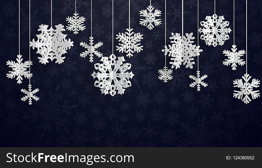 Christmas background with three-dimensional paper snowflakes