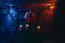 Concept Of Halloween. Glowing Orange And Blue Light With Angry T Stock Photo