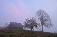 Old Hut Is On The Lawn. The Scenery With Thick Fog, Trees, Sun. Nice Cold Autumn Morning. The Landscape With A Stunning Sunset. Stock Images