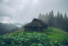 Forest Shelter House In The Mountains In The Fog, Cowshed Or She Stock Images