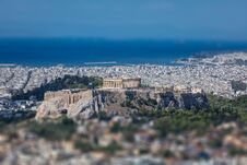 Panoramic Aerial View Of Acropolis In Athens Greece, Tilt Shift, View From Lycabettus Hill Stock Photography