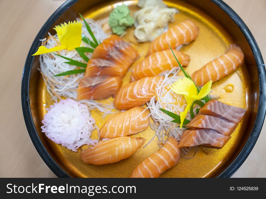 Sashimi Salmon Set, Raw Fish, Japanese Food.Selective Focus