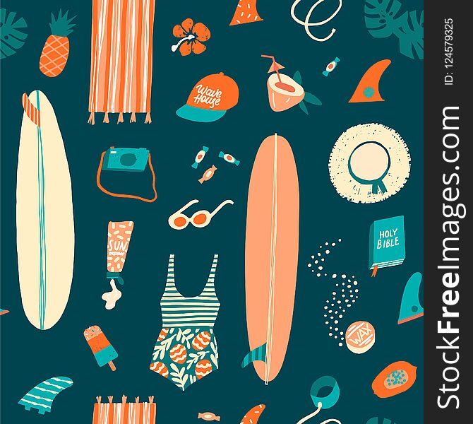 Surfer summer beach objects seamless pattern in vector. Summertime illustration in vector.