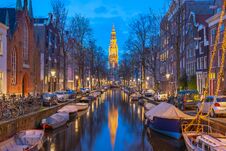 View Of Zuiderkerk Church At Night In Amsterdam City, Netherlands Royalty Free Stock Images