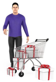 3d Character , Man , Cart And Wrapped Gift Boxes Stock Image 3d Character , Man , Cart And Wrapped Gift Boxes Stock Image