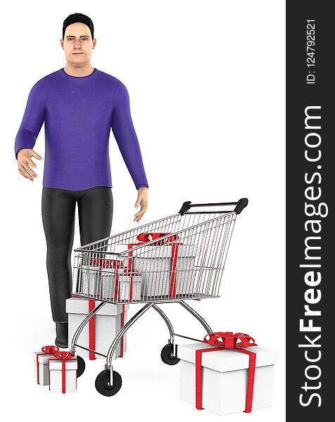 3d character , man , cart and wrapped gift boxes - 3d rendering