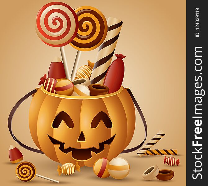 Illustration of Halloween pumpkins basket and collected candy