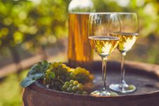 Two Glasses Of White Wine On A Wooden Barrel Royalty Free Stock Photo Two Glasses Of White Wine On A Wooden Barrel Royalty Free Stock Photo