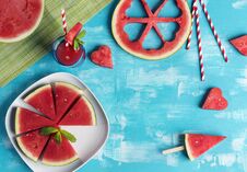 Watermelon Slices And Hearts In Blue Background Royalty Free Stock Photos