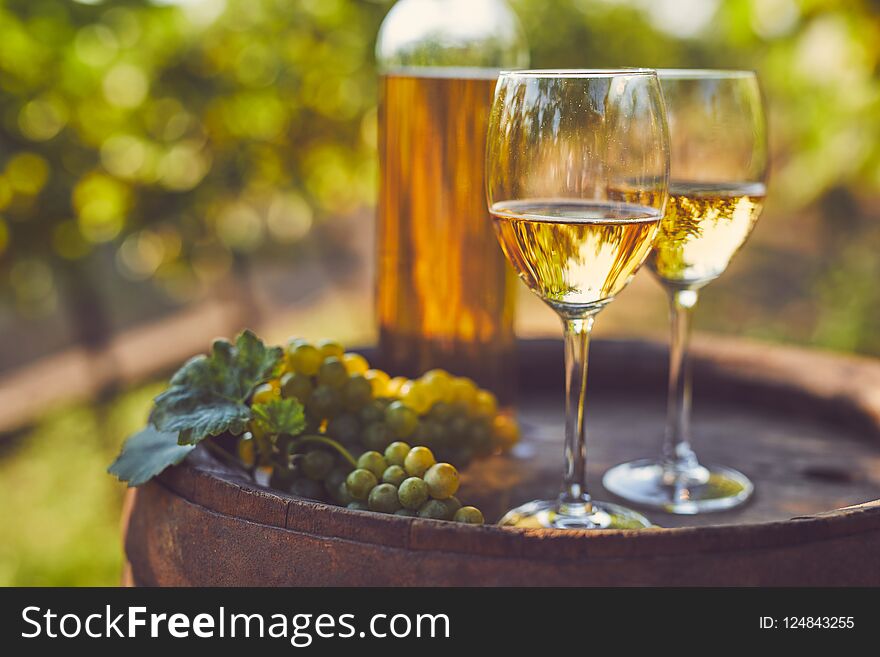 Two glasses of white wine on a wooden barrel in the vineyard