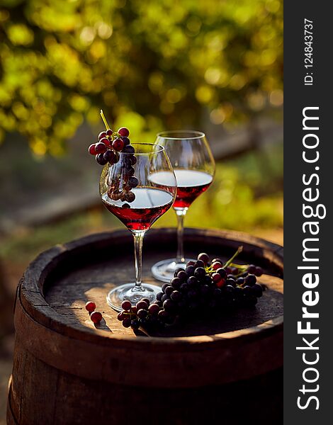 Two glasses of red wine with a bottle on a wooden barrel in the vineyard