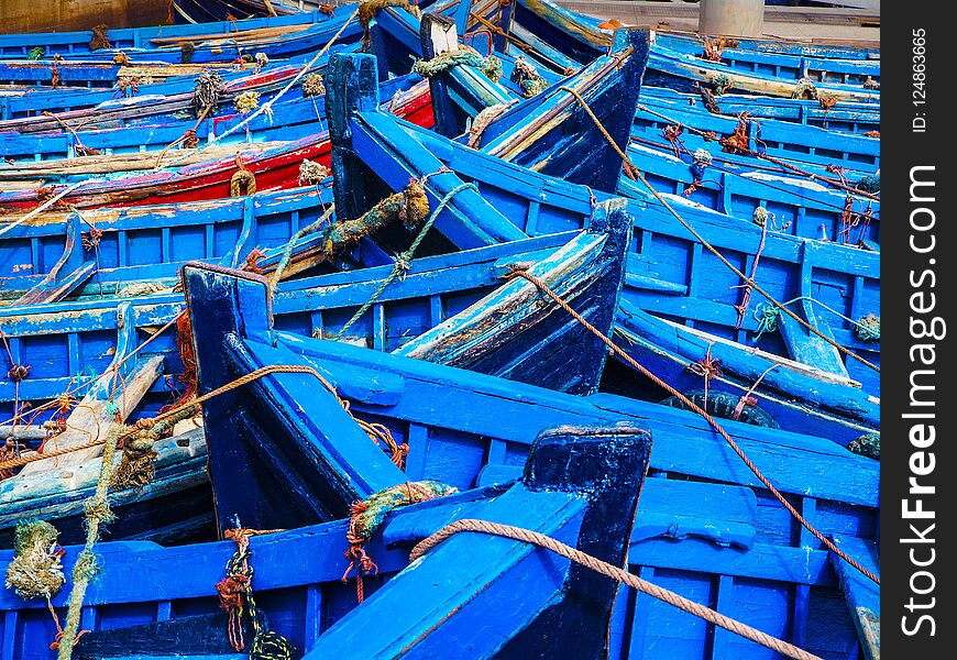 Beautiful blue boats in Essaouira old harbor, Morocco
