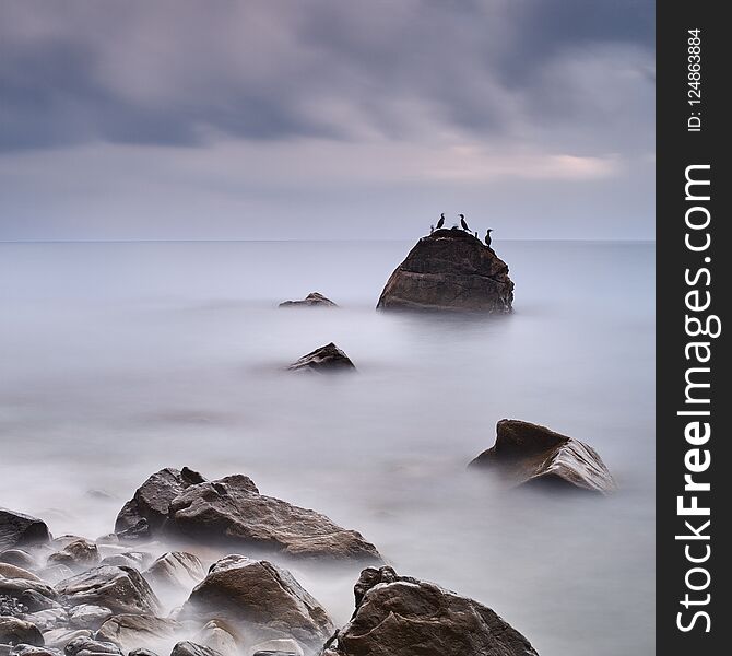 Coastal landscape with long exposure and stone on which sit cormorants