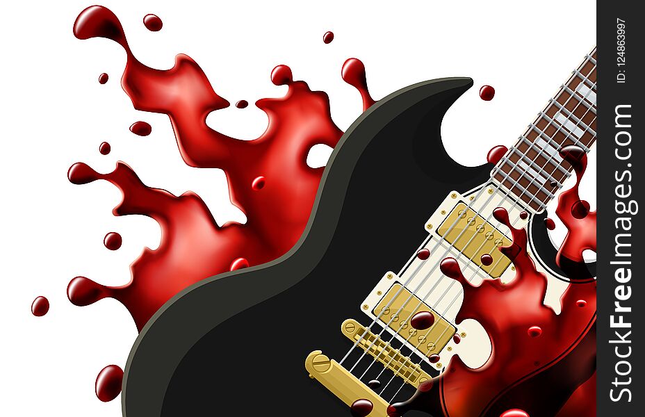 Black metal guitar with a blood splash isolated