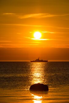Wonderful Landscape With A Ship In The Sea At Sunset Stock Photography