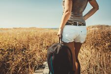 Unrecognizable Girl Traveler With A Backpack In Summer, Rear Vie Stock Photos